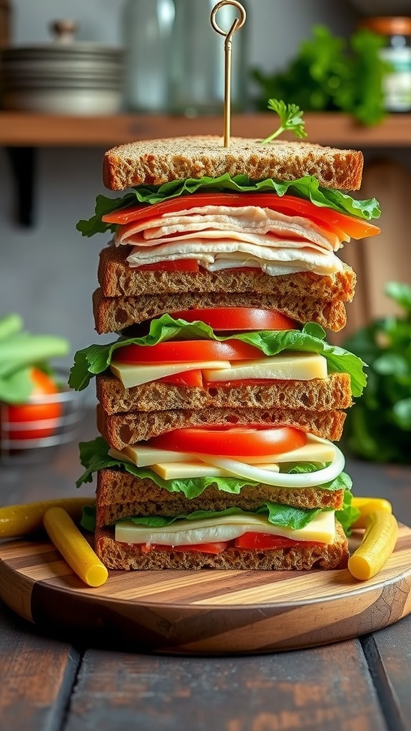 A delicious turkey and Swiss sandwich stacker with lettuce and tomato, served on a wooden board with pickles.
